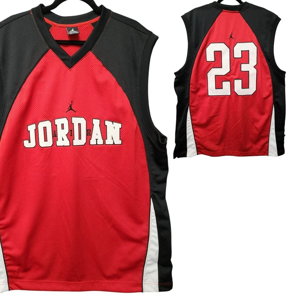 Vintage Nike Air Jordan Spellout Jersey Mens XXL Red Black Mesh‎ #23 Back Hit